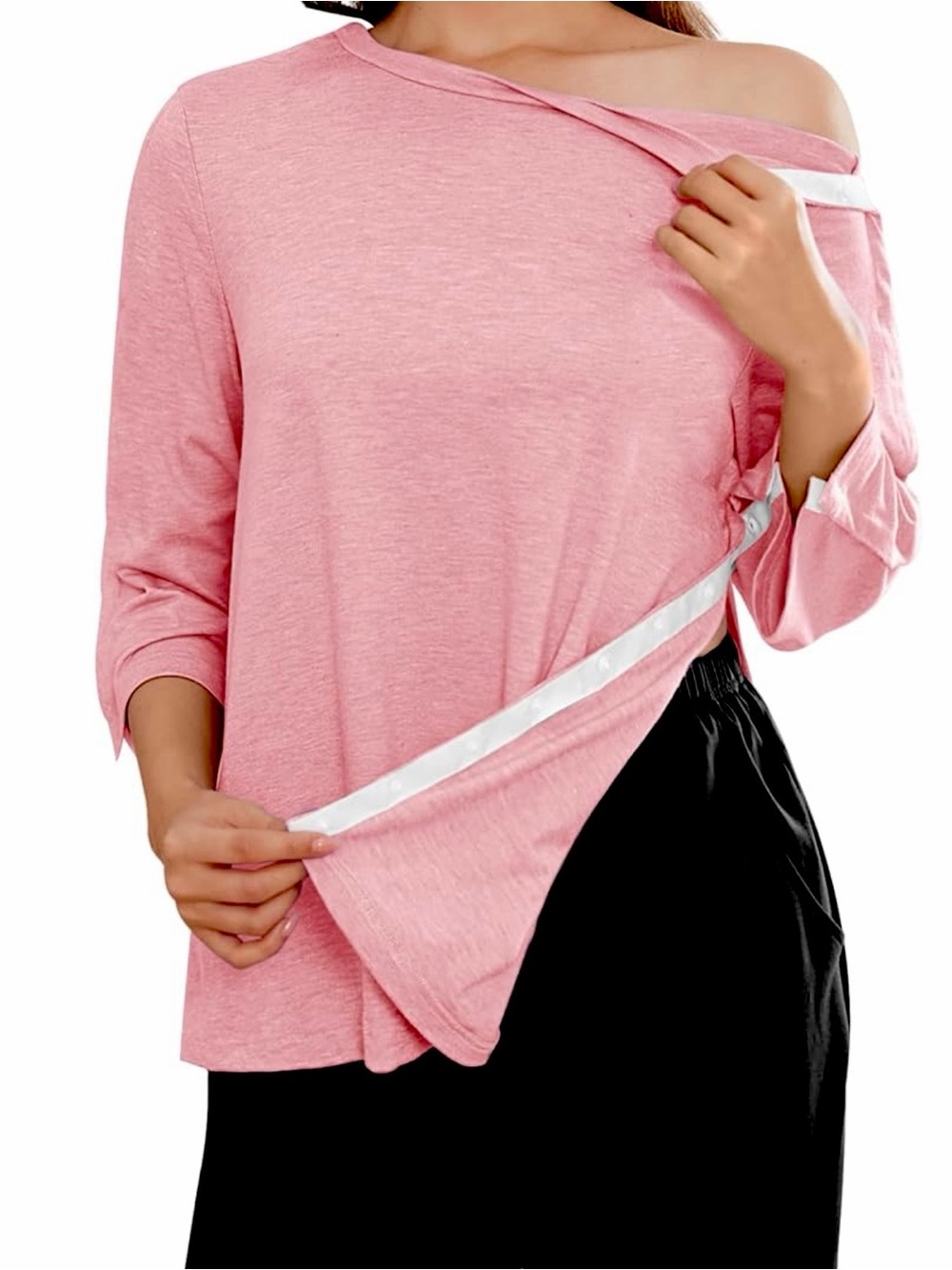 Off-Shoulder Pink Women’s Top with White Trim- Snap on buttons. One size.
